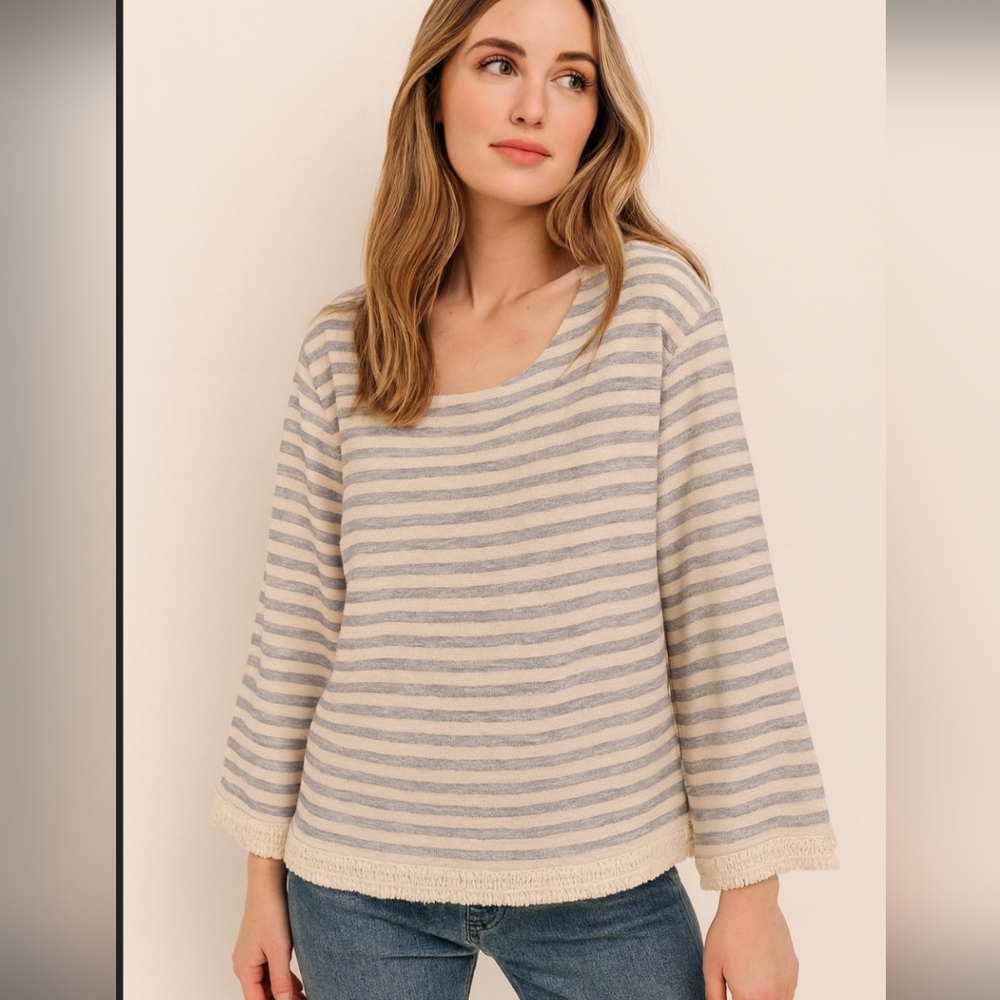 J. Jill Striped Tassel Fringe Hem 3/4 Sleeve Top